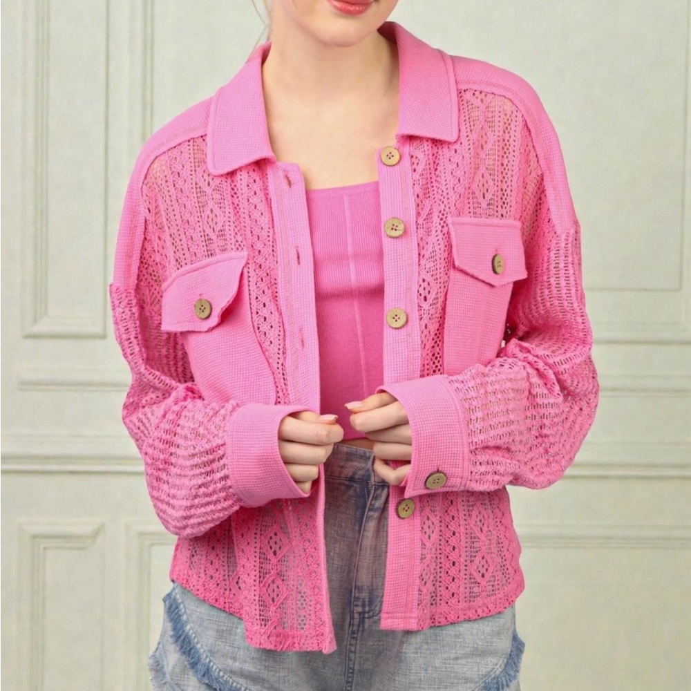 Vibrant Pink Lace New In Knit Boutique Cardigan
